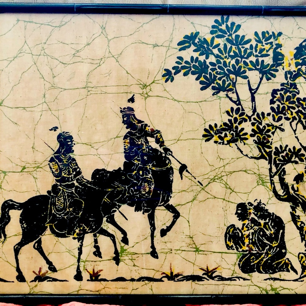Framed vintage batik Chinese folklore horse scene